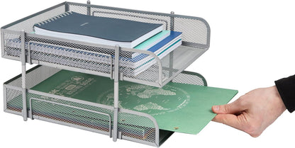Stackable Paper Tray, Desktop Organizer, File Storage, Office, Metal Mesh, 2 Pcs, Black