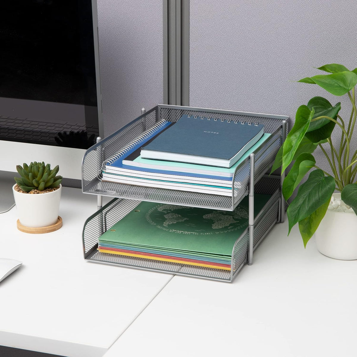 Stackable Paper Tray, Desktop Organizer, File Storage, Office, Metal Mesh, 2 Pcs, Black