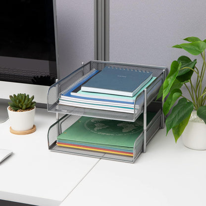 Stackable Paper Tray, Desktop Organizer, File Storage, Office, Metal Mesh, 2 Pcs, Black