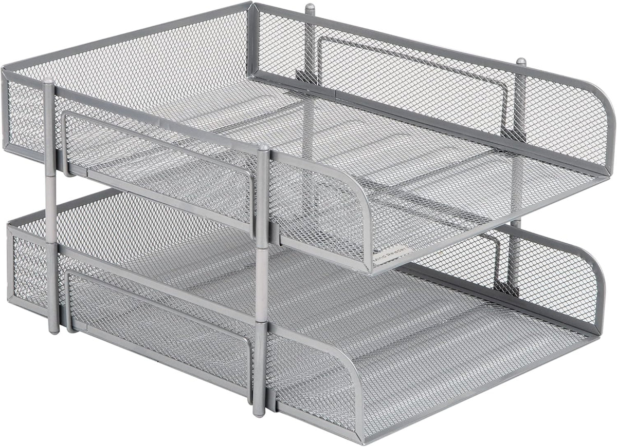 Stackable Paper Tray, Desktop Organizer, File Storage, Office, Metal Mesh, 2 Pcs, Black