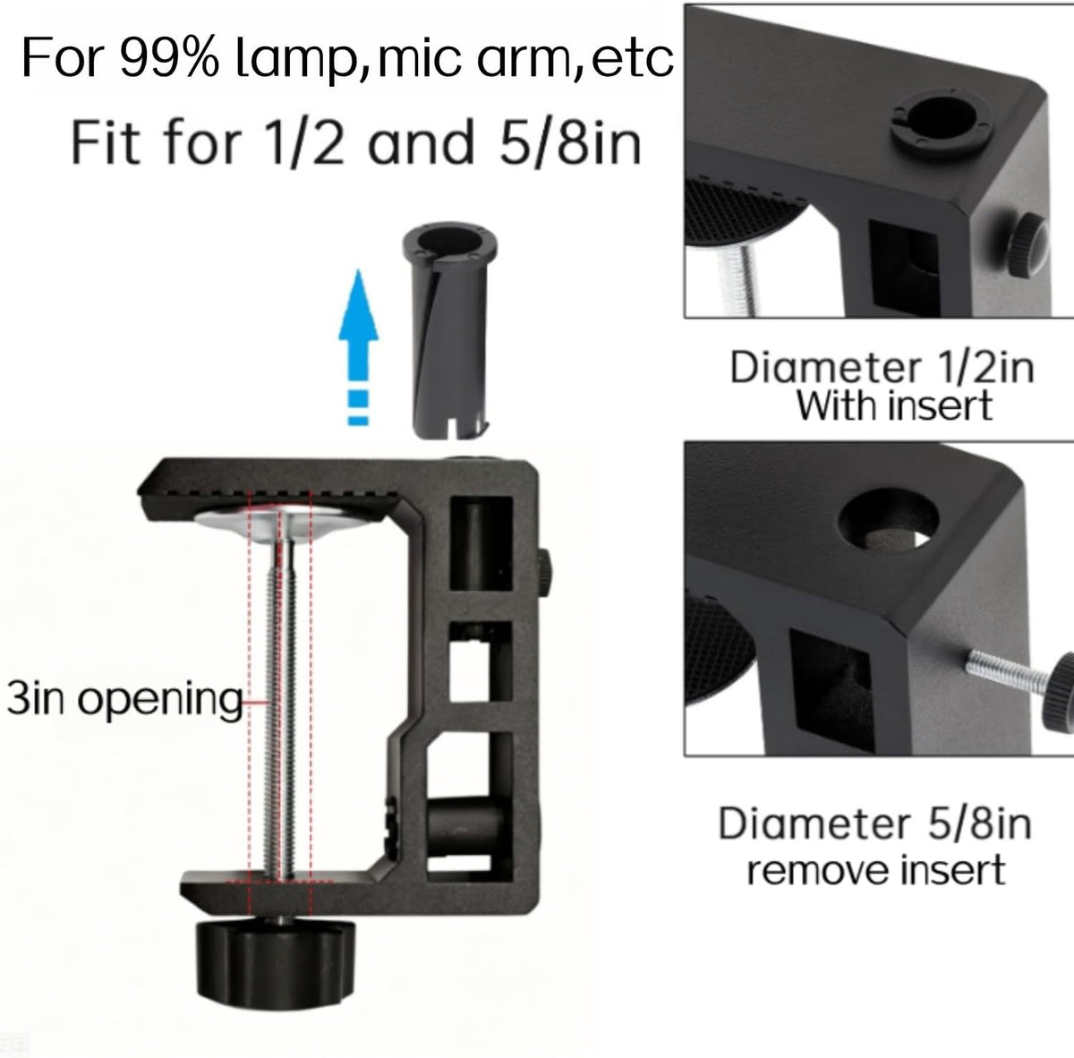 Replacement Heavy Duty C Clamp for 1/2” and 5/8” Hole Base Magnifying Lamp,Desk Lamp,Swing Arm Lamp,Phone I pad Mount,Tablet Mic Holder,Table Mount Clamp for Microphone Stand Mic Boom Arm (G2 BLACK)