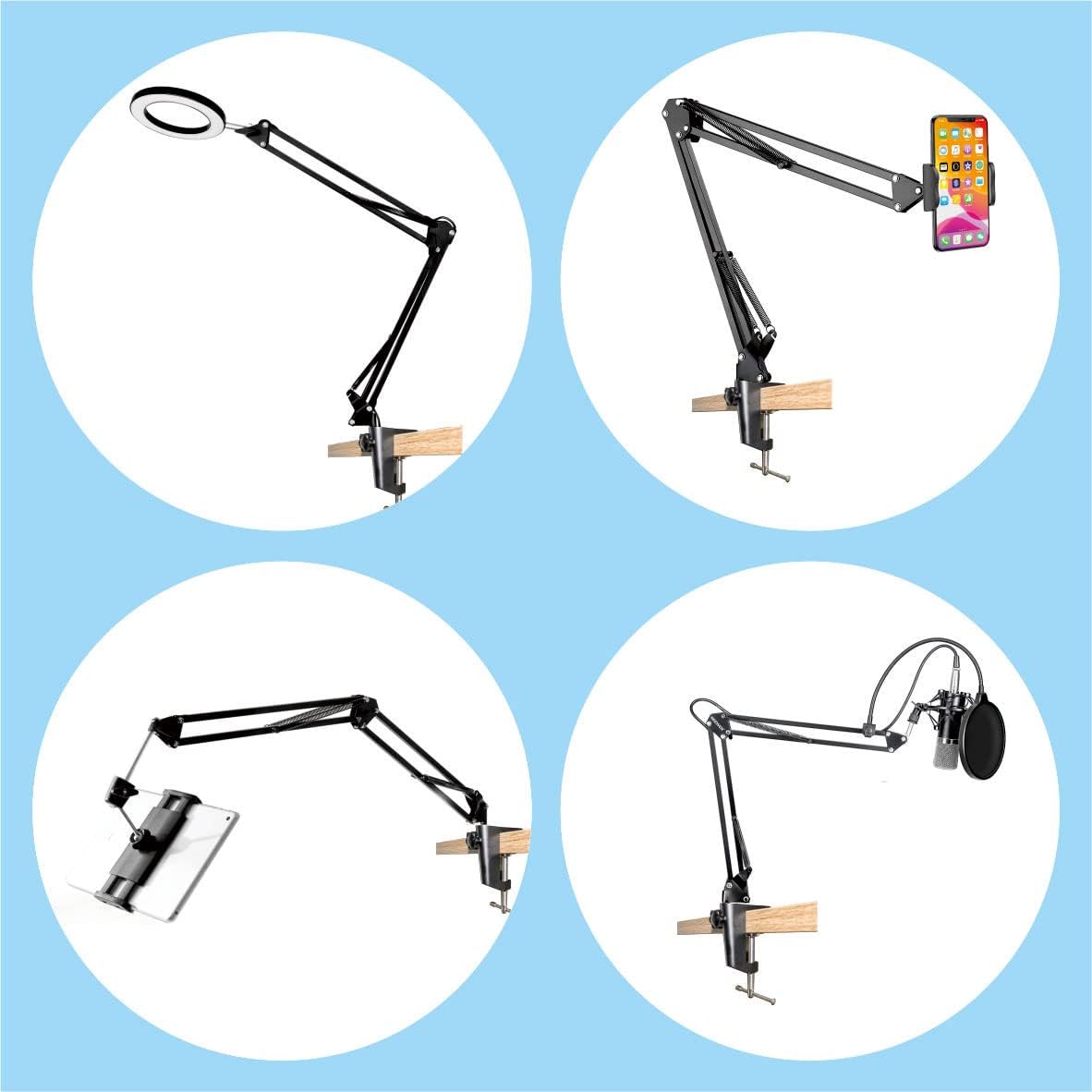 Replacement Heavy Duty C Clamp for 1/2” and 5/8” Hole Base Magnifying Lamp,Desk Lamp,Swing Arm Lamp,Phone I pad Mount,Tablet Mic Holder,Table Mount Clamp for Microphone Stand Mic Boom Arm (G2 BLACK)
