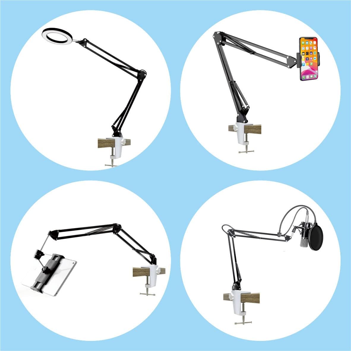 Replacement Heavy Duty C Clamp for 1/2” and 5/8” Hole Base Magnifying Lamp,Desk Lamp,Swing Arm Lamp,Phone I pad Mount,Tablet Mic Holder,Table Mount Clamp for Microphone Stand Mic Boom Arm (G2 BLACK)
