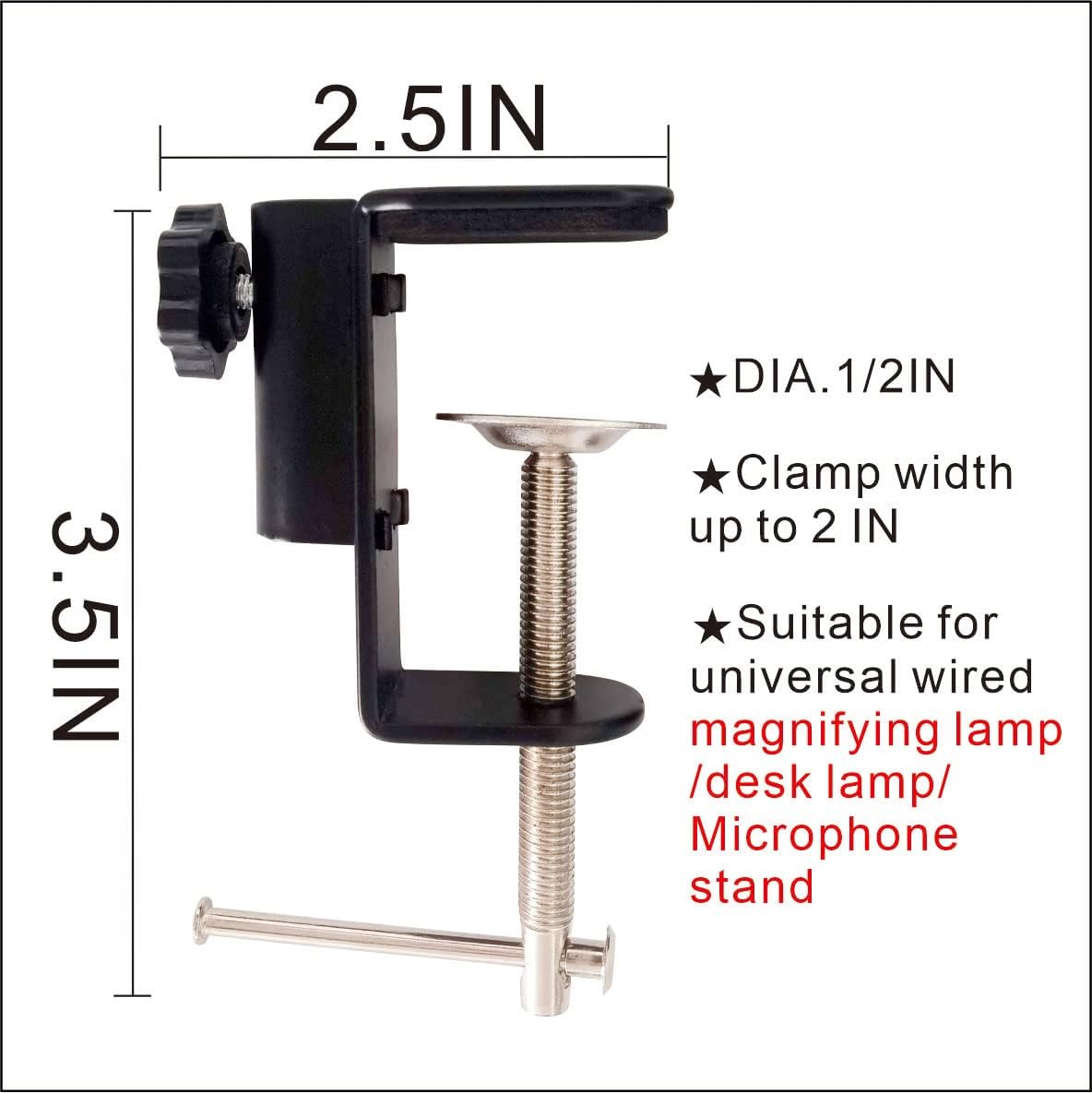 Replacement Heavy Duty C Clamp for 1/2” and 5/8” Hole Base Magnifying Lamp,Desk Lamp,Swing Arm Lamp,Phone I pad Mount,Tablet Mic Holder,Table Mount Clamp for Microphone Stand Mic Boom Arm (G2 BLACK)