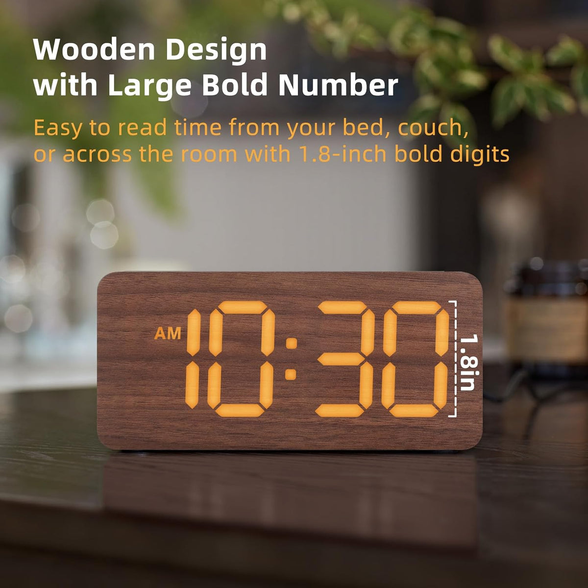 Wooden Digital Alarm Clocks for Bedrooms with 0-100% Dimmable Display
