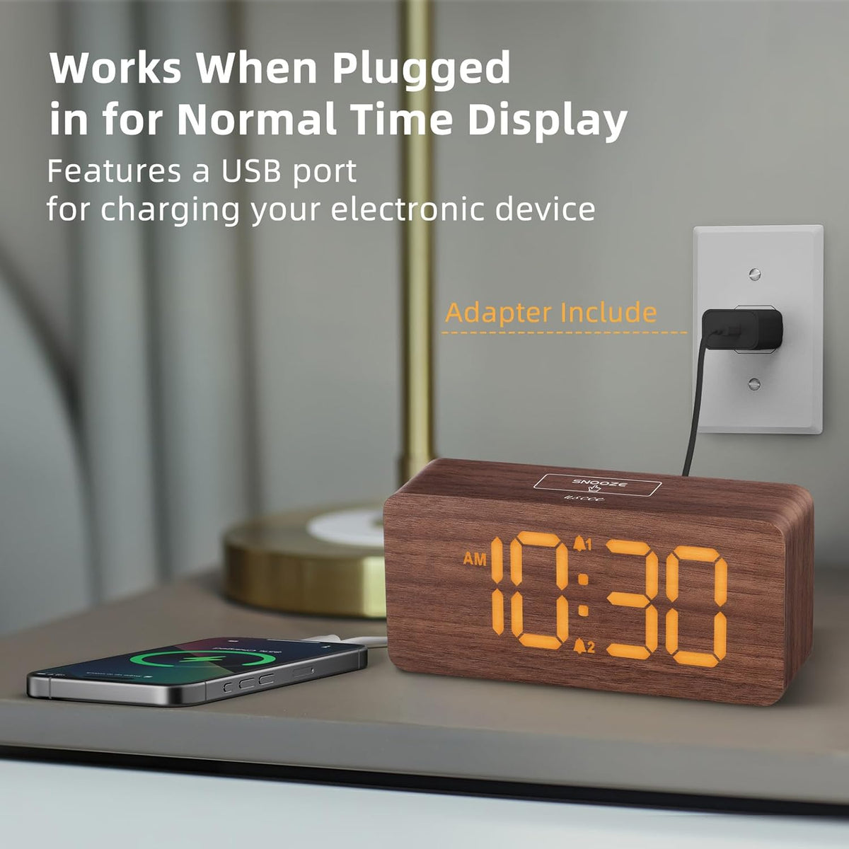 Wooden Digital Alarm Clocks for Bedrooms with 0-100% Dimmable Display