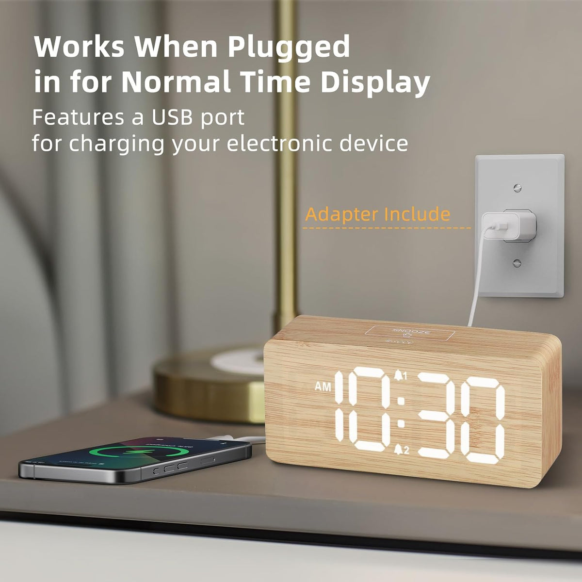 Wooden Digital Alarm Clocks for Bedrooms with 0-100% Dimmable Display