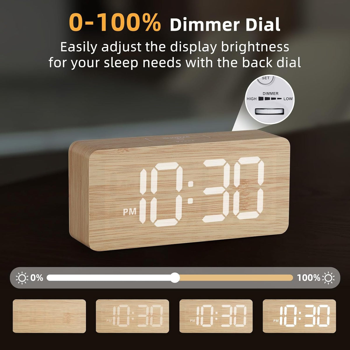 Wooden Digital Alarm Clocks for Bedrooms with 0-100% Dimmable Display