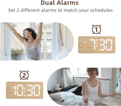 Wooden Digital Alarm Clocks for Bedrooms with 0-100% Dimmable Display