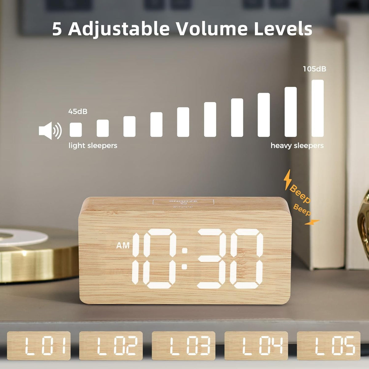 Wooden Digital Alarm Clocks for Bedrooms with 0-100% Dimmable Display