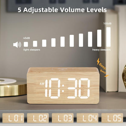 Wooden Digital Alarm Clocks for Bedrooms with 0-100% Dimmable Display
