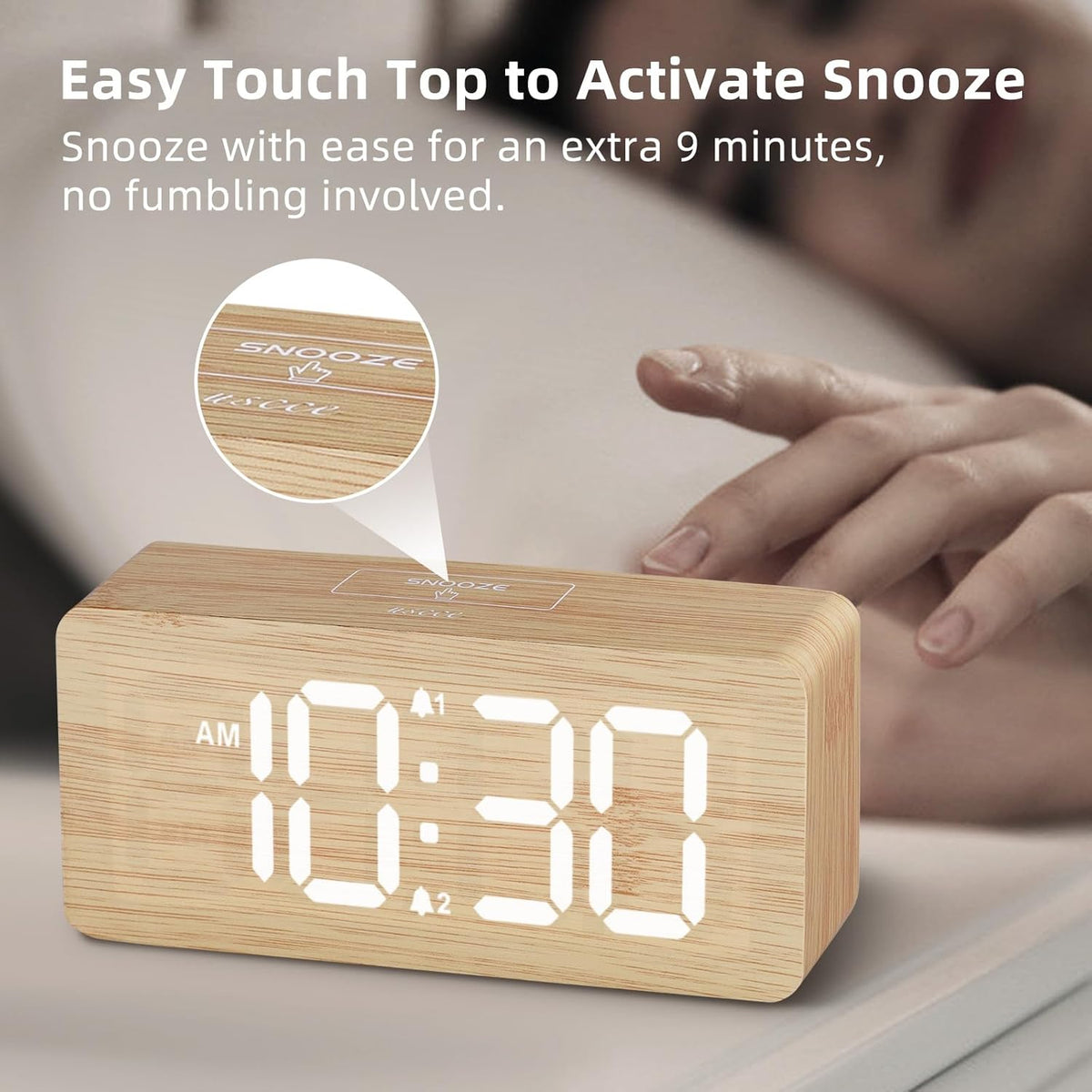 Wooden Digital Alarm Clocks for Bedrooms with 0-100% Dimmable Display