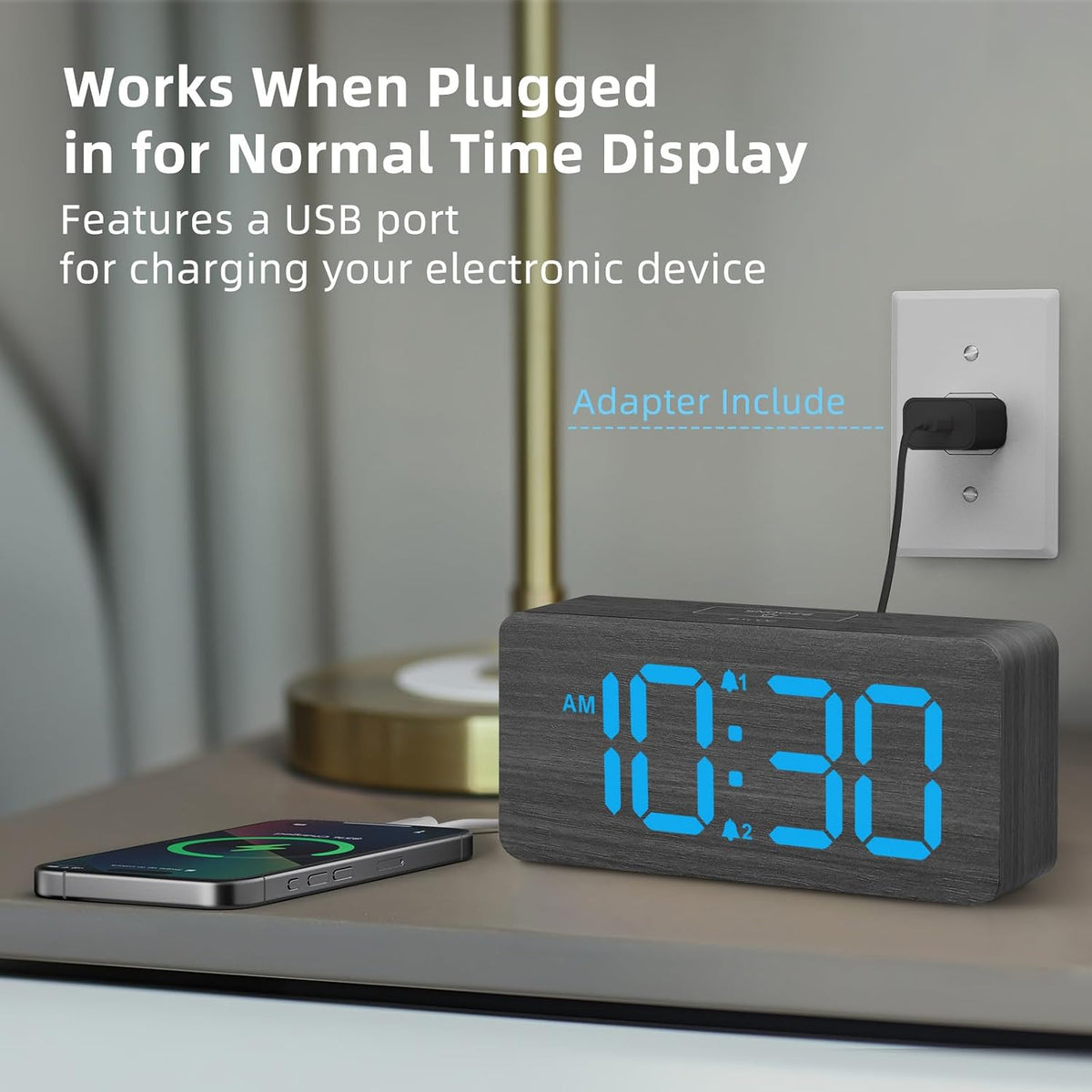 Wooden Digital Alarm Clocks for Bedrooms with 0-100% Dimmable Display