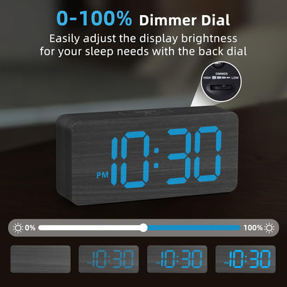 Wooden Digital Alarm Clocks for Bedrooms with 0-100% Dimmable Display