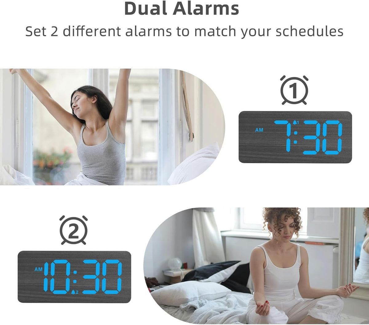 Wooden Digital Alarm Clocks for Bedrooms with 0-100% Dimmable Display