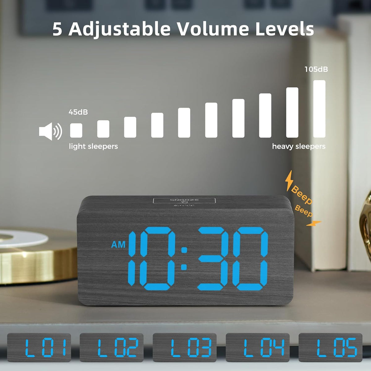 Wooden Digital Alarm Clocks for Bedrooms with 0-100% Dimmable Display