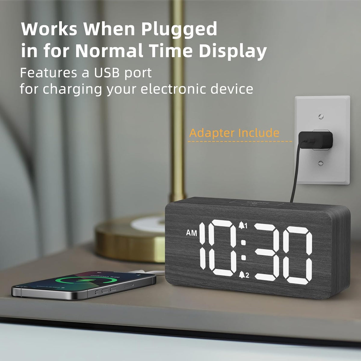Wooden Digital Alarm Clocks for Bedrooms with 0-100% Dimmable Display