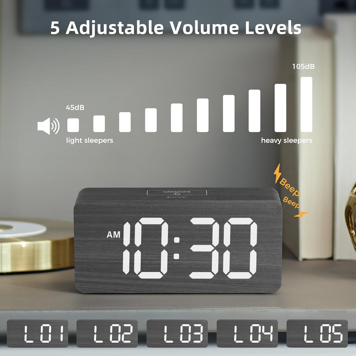 Wooden Digital Alarm Clocks for Bedrooms with 0-100% Dimmable Display