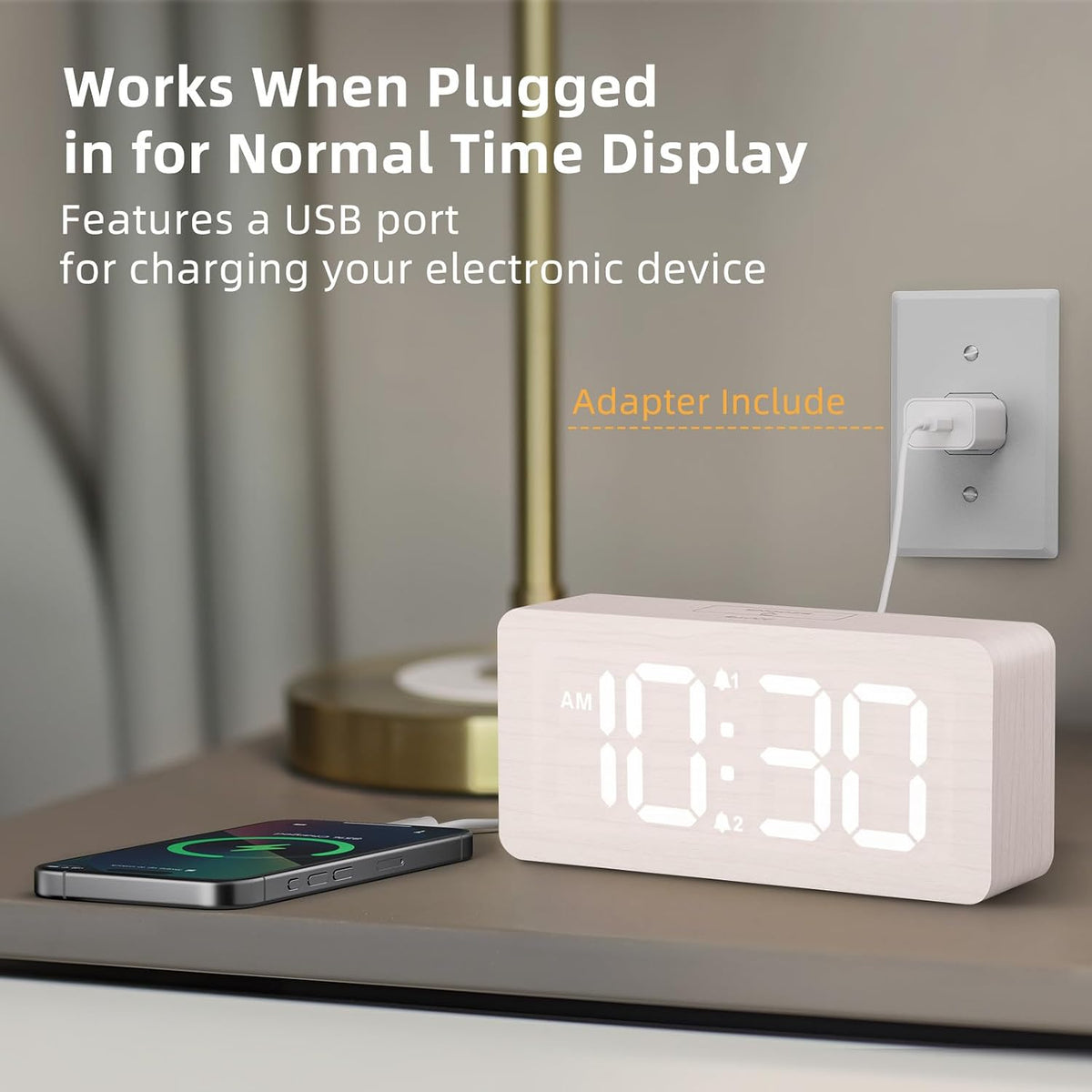 Wooden Digital Alarm Clocks for Bedrooms with 0-100% Dimmable Display