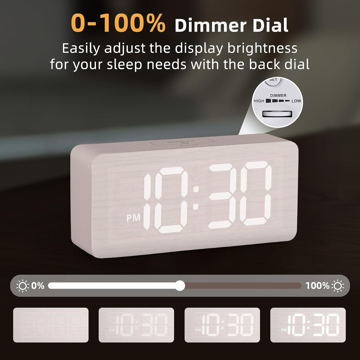 Wooden Digital Alarm Clocks for Bedrooms with 0-100% Dimmable Display