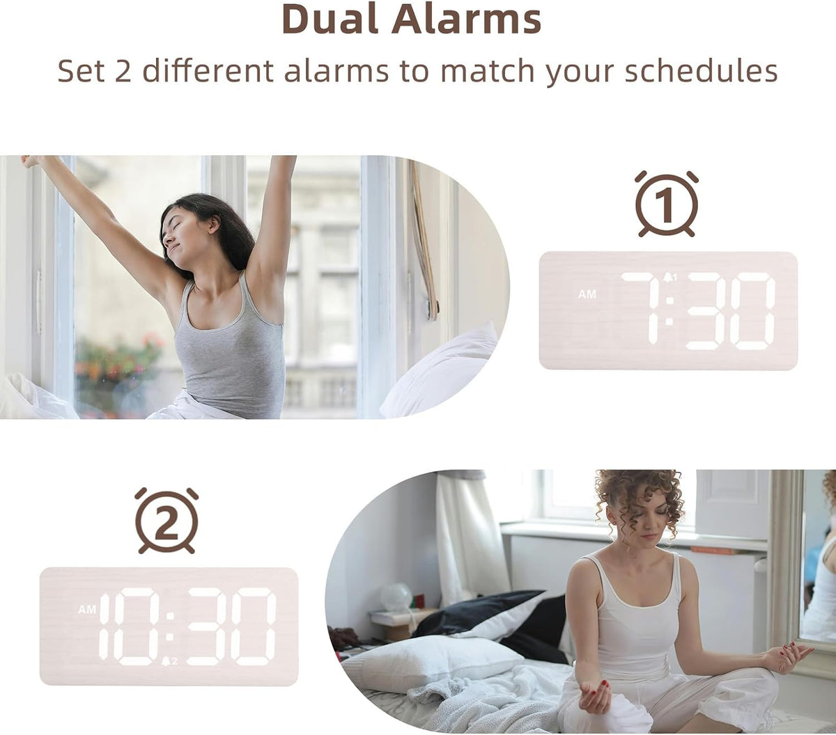 Wooden Digital Alarm Clocks for Bedrooms with 0-100% Dimmable Display