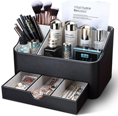 KINGFOM Desk Organizer with Drawer, Multifunction Pencil Holder for Desk, Desk Organizer and Accessories 5 Compartments for Home Office Supplies (Black)