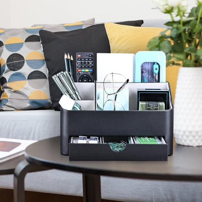 KINGFOM Desk Organizer with Drawer, Multifunction Pencil Holder for Desk, Desk Organizer and Accessories 5 Compartments for Home Office Supplies (Black)