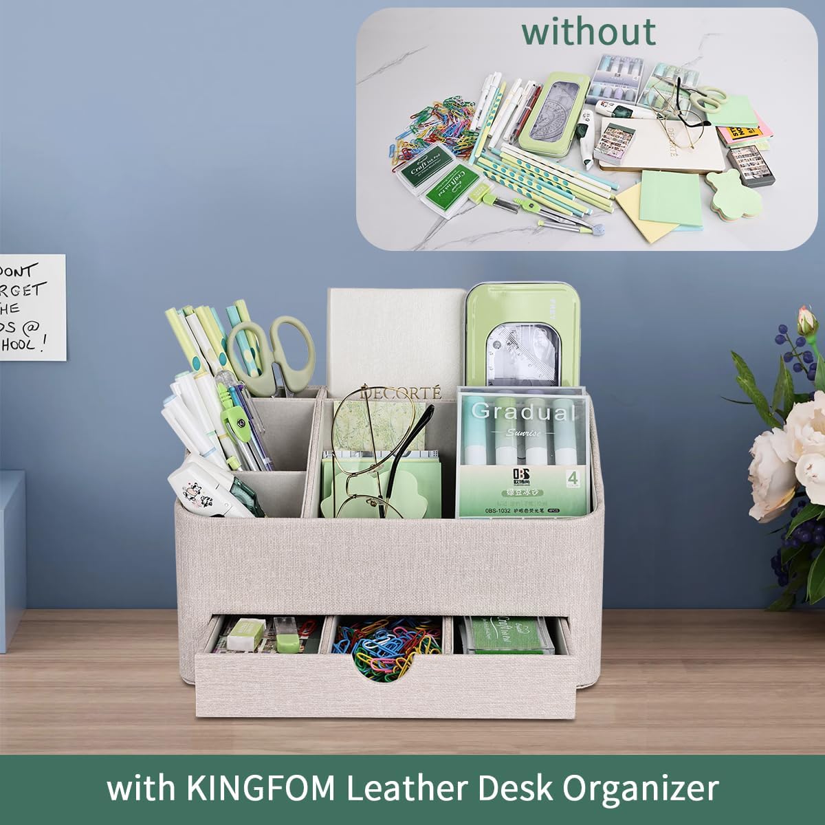 KINGFOM Desk Organizer with Drawer, Multifunction Pencil Holder for Desk, Desk Organizer and Accessories 5 Compartments for Home Office Supplies (Black)