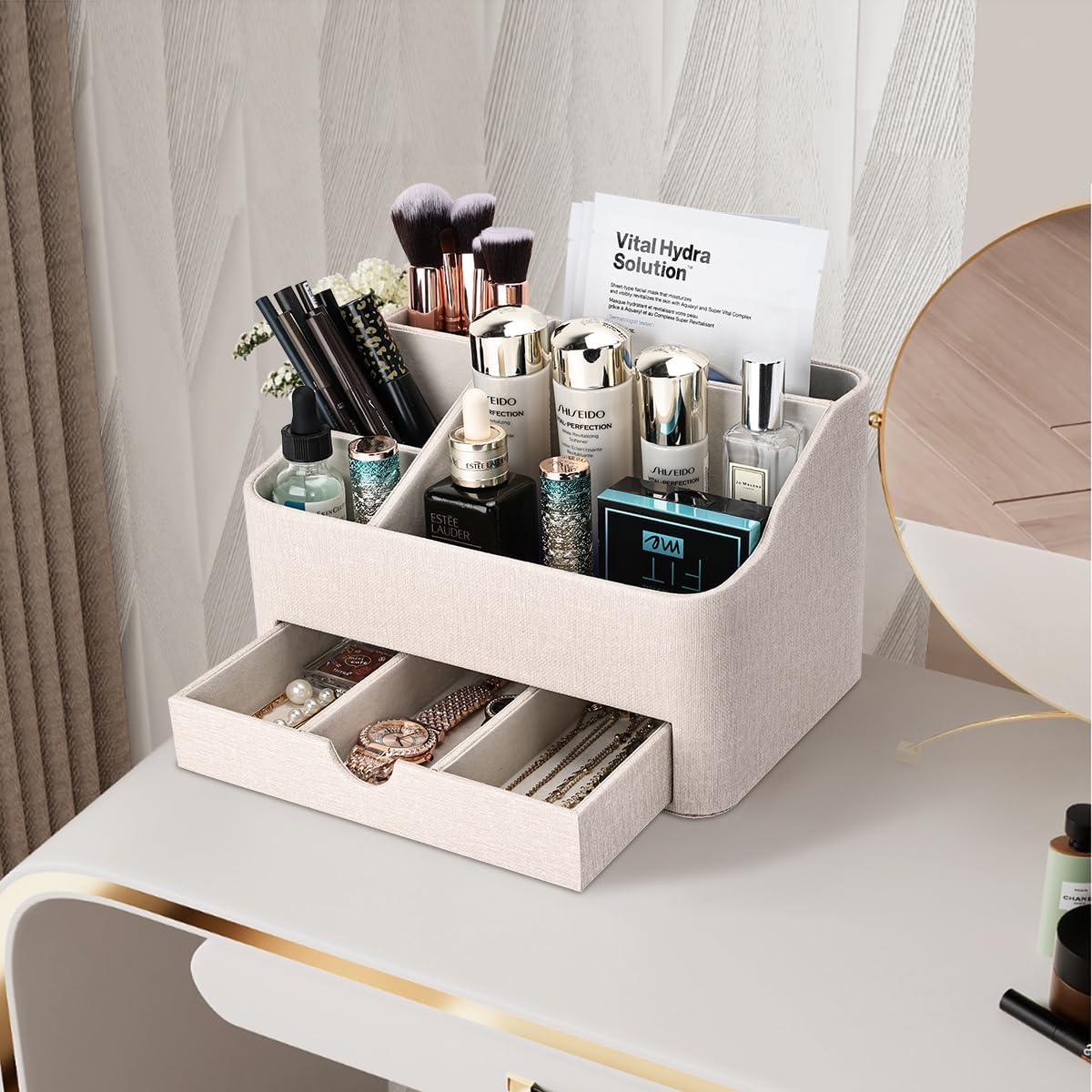 KINGFOM Desk Organizer with Drawer, Multifunction Pencil Holder for Desk, Desk Organizer and Accessories 5 Compartments for Home Office Supplies (Black)