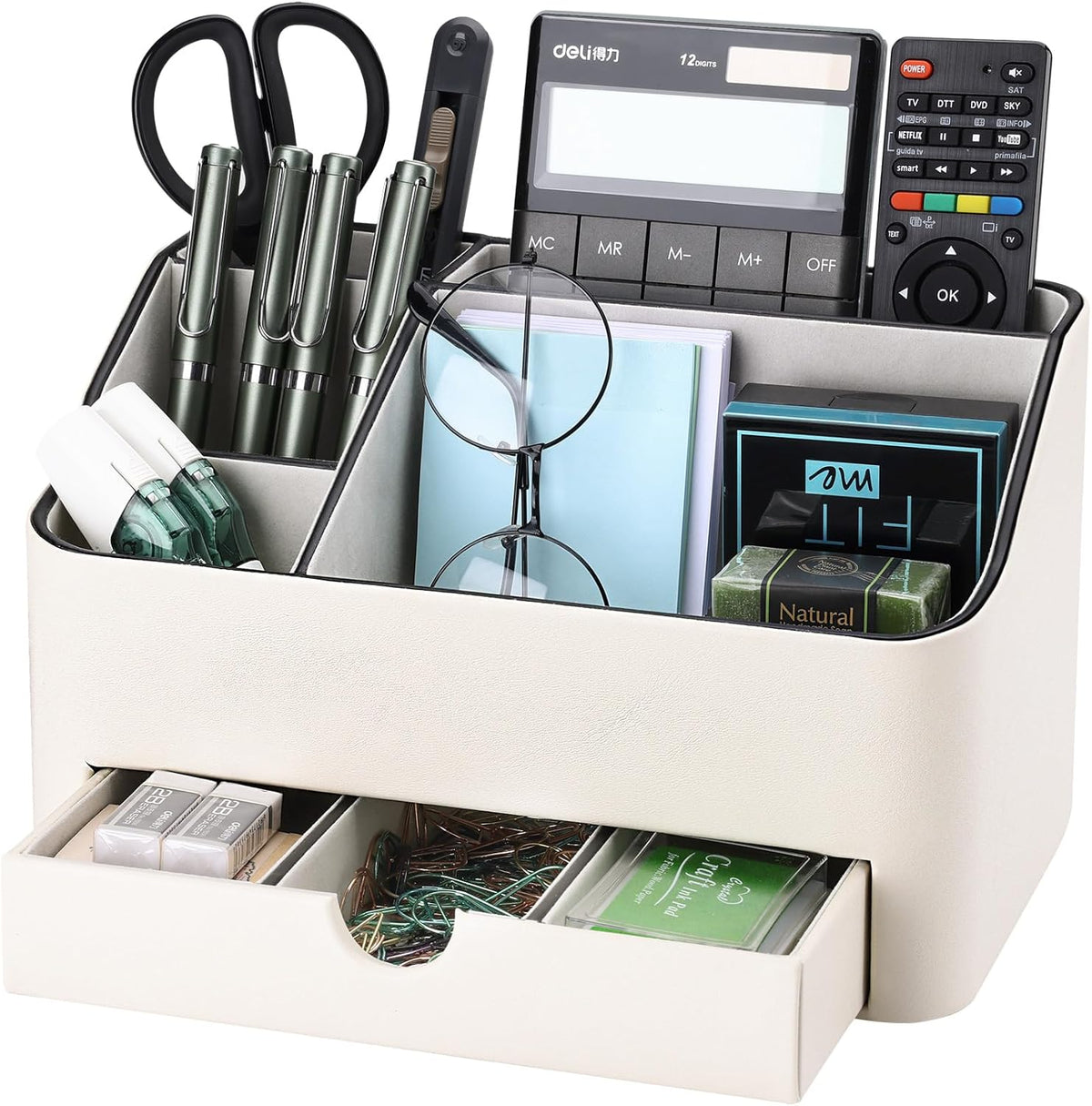 KINGFOM Desk Organizer with Drawer, Multifunction Pencil Holder for Desk, Desk Organizer and Accessories 5 Compartments for Home Office Supplies (Black)