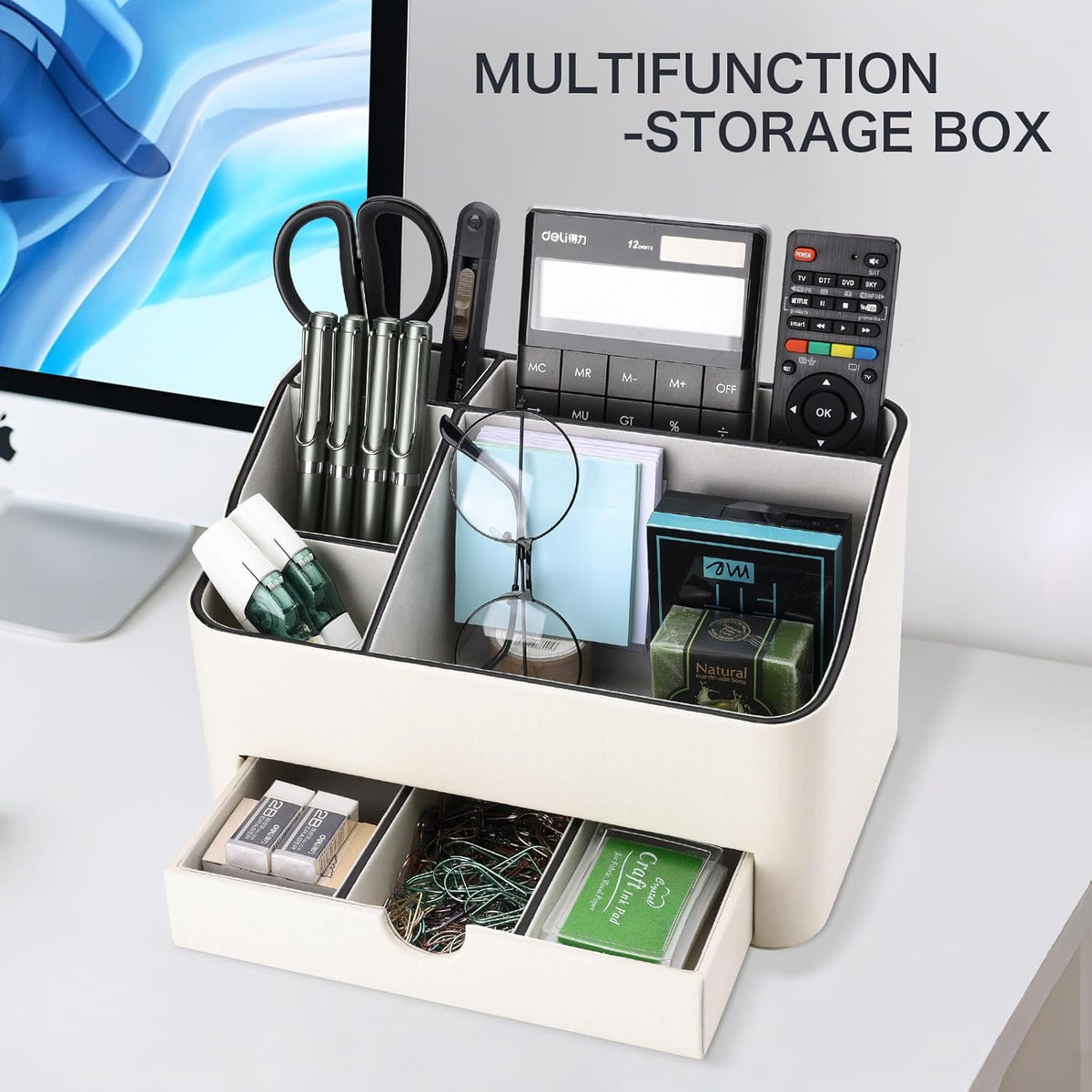 KINGFOM Desk Organizer with Drawer, Multifunction Pencil Holder for Desk, Desk Organizer and Accessories 5 Compartments for Home Office Supplies (Black)