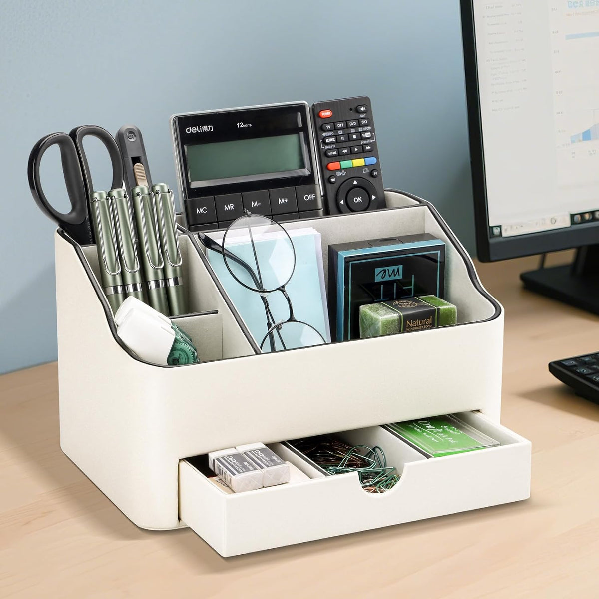 KINGFOM Desk Organizer with Drawer, Multifunction Pencil Holder for Desk, Desk Organizer and Accessories 5 Compartments for Home Office Supplies (Black)