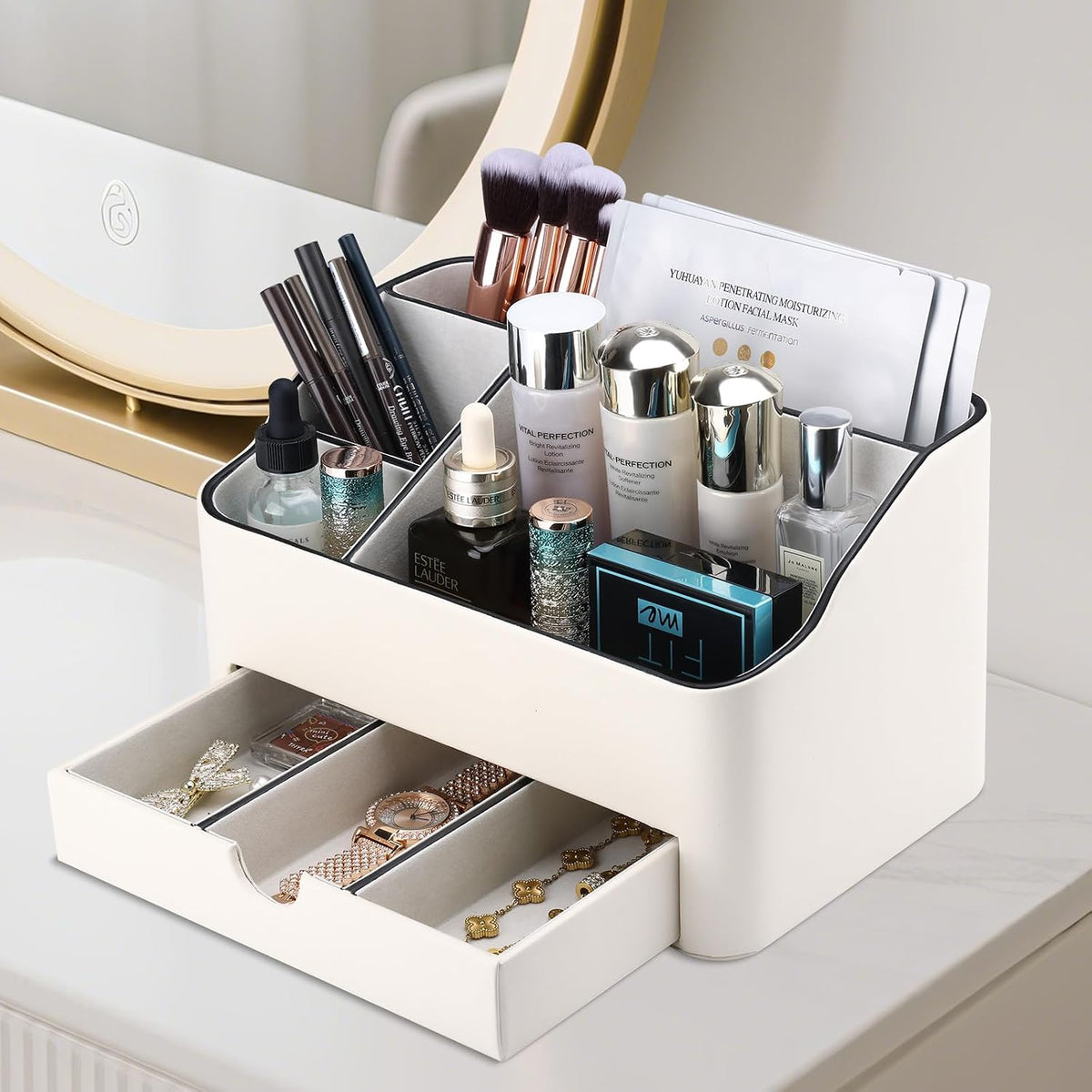 KINGFOM Desk Organizer with Drawer, Multifunction Pencil Holder for Desk, Desk Organizer and Accessories 5 Compartments for Home Office Supplies (Black)
