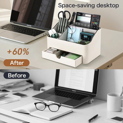 KINGFOM Desk Organizer with Drawer, Multifunction Pencil Holder for Desk, Desk Organizer and Accessories 5 Compartments for Home Office Supplies (Black)