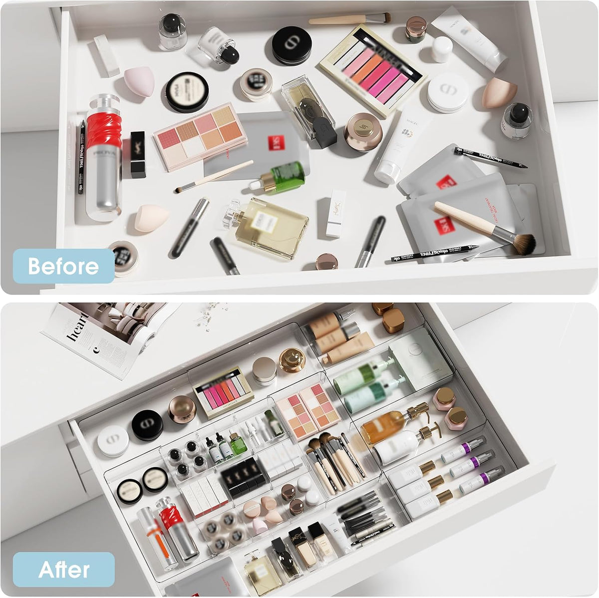 Expandable Makeup Drawer Organizer, Clear Silverware Drawer Organizer Tray.
