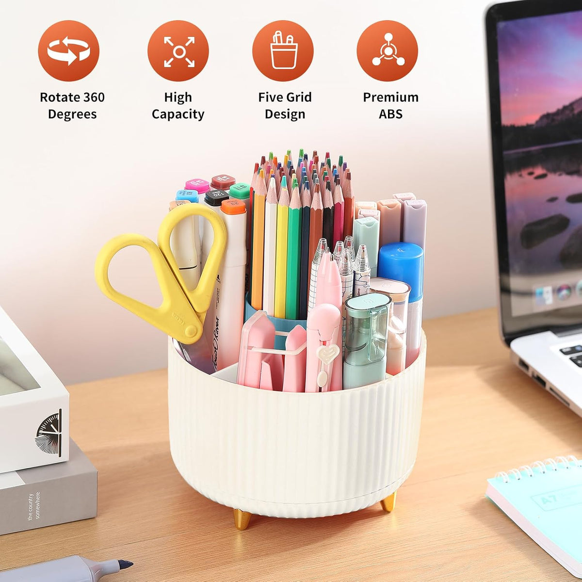 Desk Pencil Pen Holder, 5 Slots 360°Degree Rotating Pen Organizers for Desk, Desktop Storage Stationery Supplies Organizer, Cute Pencil Cup Pot for Office, School, Home, Art Supply, Dark Green