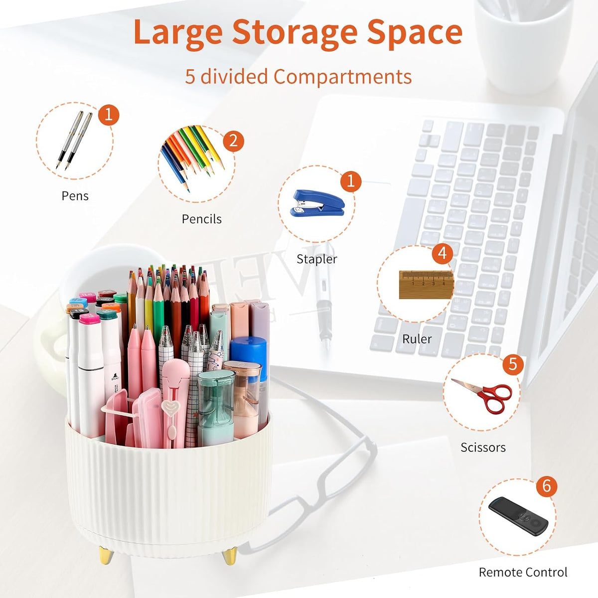 Desk Pencil Pen Holder, 5 Slots 360°Degree Rotating Pen Organizers for Desk, Desktop Storage Stationery Supplies Organizer, Cute Pencil Cup Pot for Office, School, Home, Art Supply, Dark Green