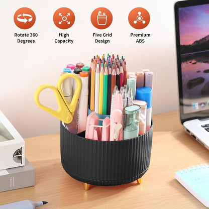 Desk Pencil Pen Holder, 5 Slots 360°Degree Rotating Pen Organizers for Desk, Desktop Storage Stationery Supplies Organizer, Cute Pencil Cup Pot for Office, School, Home, Art Supply, Dark Green