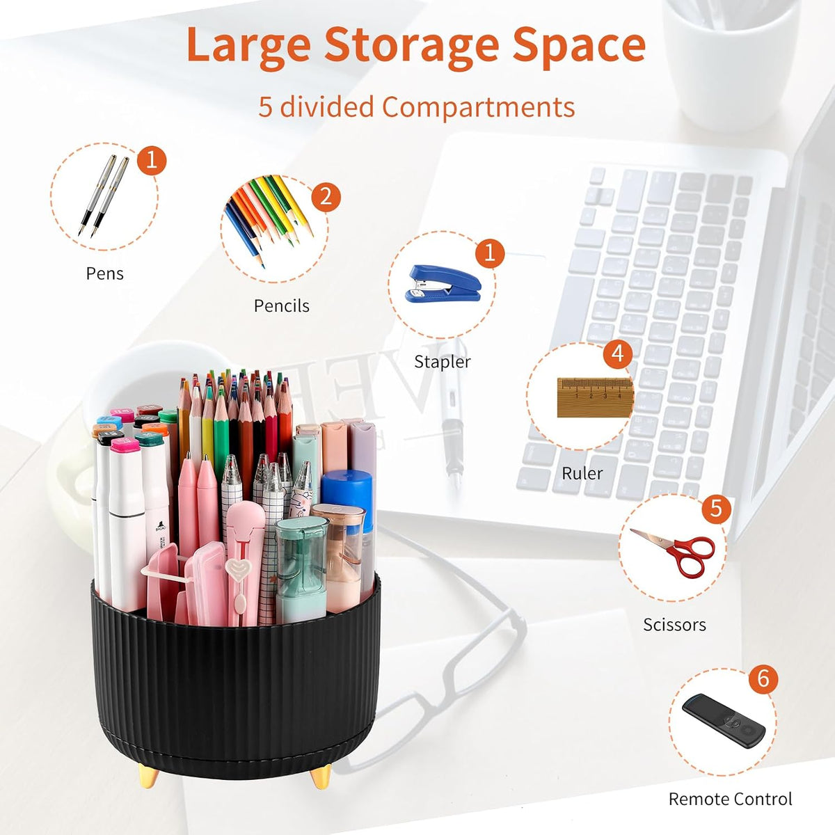Desk Pencil Pen Holder, 5 Slots 360°Degree Rotating Pen Organizers for Desk, Desktop Storage Stationery Supplies Organizer, Cute Pencil Cup Pot for Office, School, Home, Art Supply, Dark Green