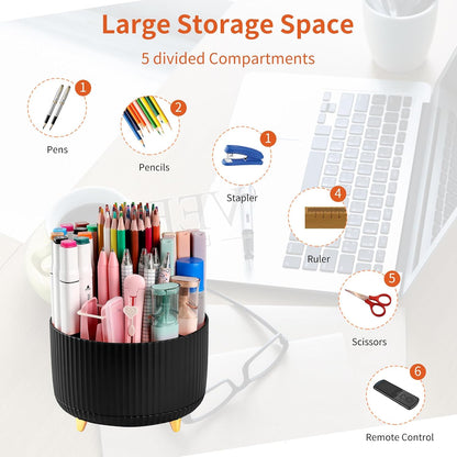 Desk Pencil Pen Holder, 5 Slots 360°Degree Rotating Pen Organizers for Desk, Desktop Storage Stationery Supplies Organizer, Cute Pencil Cup Pot for Office, School, Home, Art Supply, Dark Green