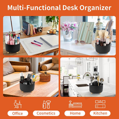 Desk Pencil Pen Holder, 5 Slots 360°Degree Rotating Pen Organizers for Desk, Desktop Storage Stationery Supplies Organizer, Cute Pencil Cup Pot for Office, School, Home, Art Supply, Dark Green