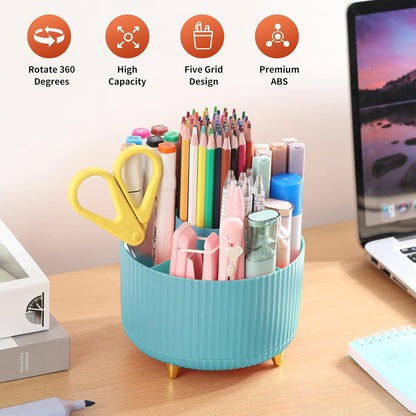 Desk Pencil Pen Holder, 5 Slots 360°Degree Rotating Pen Organizers for Desk, Desktop Storage Stationery Supplies Organizer, Cute Pencil Cup Pot for Office, School, Home, Art Supply, Dark Green