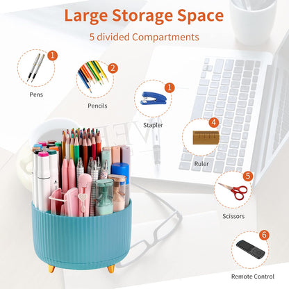 Desk Pencil Pen Holder, 5 Slots 360°Degree Rotating Pen Organizers for Desk, Desktop Storage Stationery Supplies Organizer, Cute Pencil Cup Pot for Office, School, Home, Art Supply, Dark Green