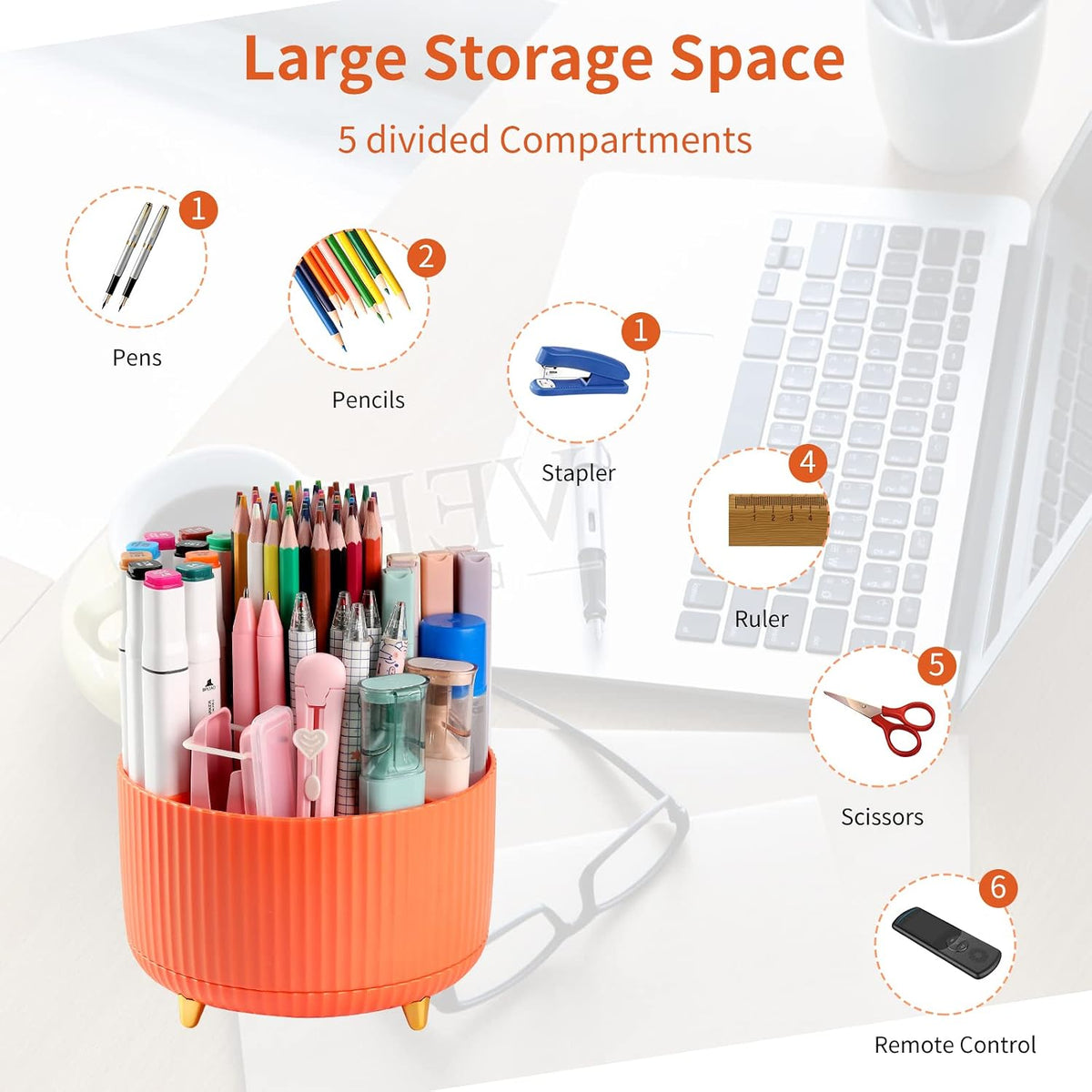 Desk Pencil Pen Holder, 5 Slots 360°Degree Rotating Pen Organizers for Desk, Desktop Storage Stationery Supplies Organizer, Cute Pencil Cup Pot for Office, School, Home, Art Supply, Dark Green