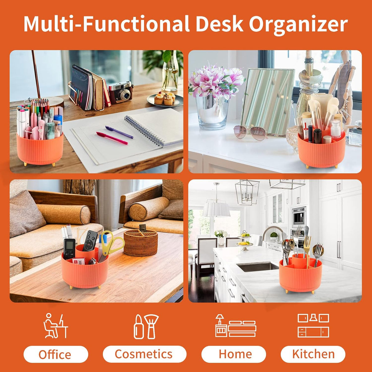 Desk Pencil Pen Holder, 5 Slots 360°Degree Rotating Pen Organizers for Desk, Desktop Storage Stationery Supplies Organizer, Cute Pencil Cup Pot for Office, School, Home, Art Supply, Dark Green