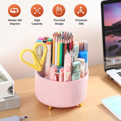 Desk Pencil Pen Holder, 5 Slots 360°Degree Rotating Pen Organizers for Desk, Desktop Storage Stationery Supplies Organizer, Cute Pencil Cup Pot for Office, School, Home, Art Supply, Dark Green