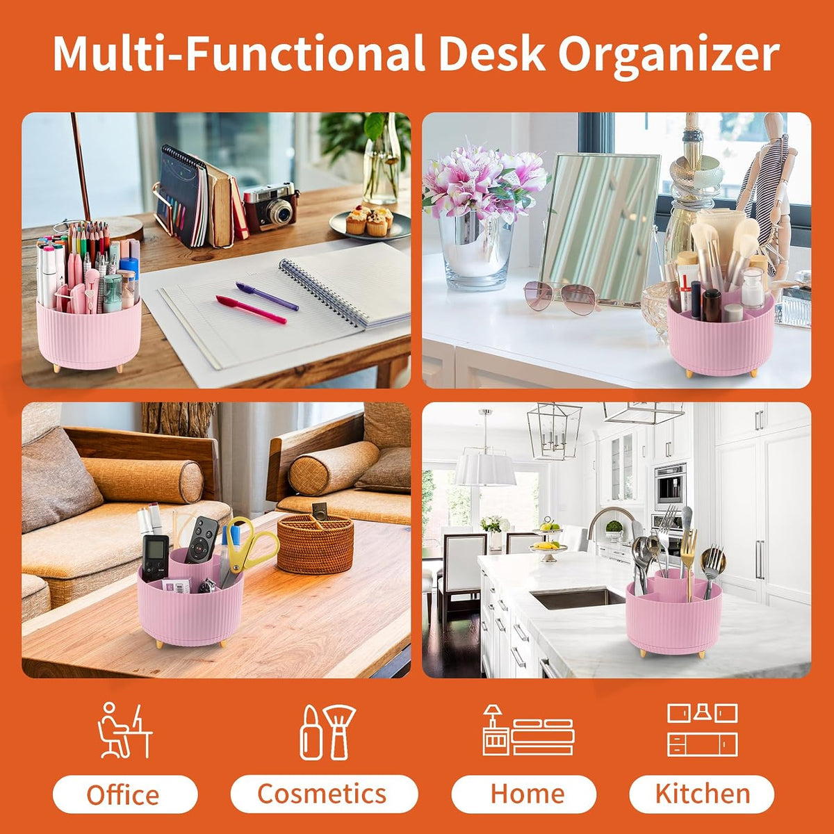 Desk Pencil Pen Holder, 5 Slots 360°Degree Rotating Pen Organizers for Desk, Desktop Storage Stationery Supplies Organizer, Cute Pencil Cup Pot for Office, School, Home, Art Supply, Dark Green