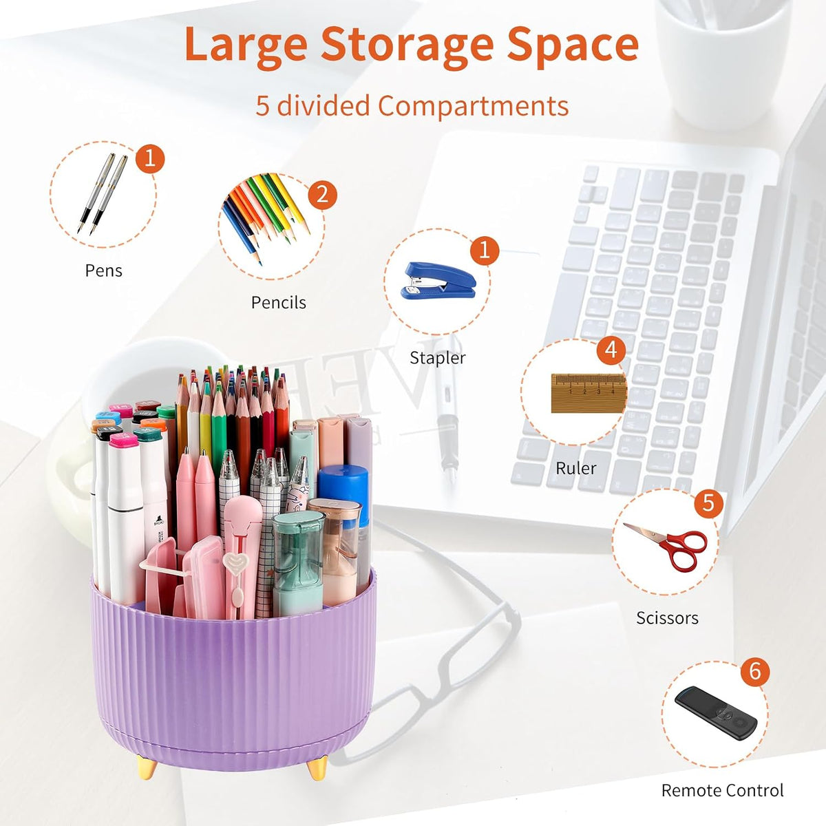 Desk Pencil Pen Holder, 5 Slots 360°Degree Rotating Pen Organizers for Desk, Desktop Storage Stationery Supplies Organizer, Cute Pencil Cup Pot for Office, School, Home, Art Supply, Dark Green