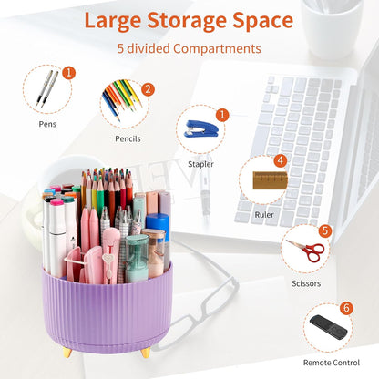 Desk Pencil Pen Holder, 5 Slots 360°Degree Rotating Pen Organizers for Desk, Desktop Storage Stationery Supplies Organizer, Cute Pencil Cup Pot for Office, School, Home, Art Supply, Dark Green