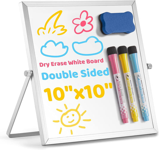 Small Dry Erase Board, 10" X 10" Small Whiteboard with Stand, Portable Magnetic Tabletop Erase Board for Kids Drawing, Desktop for Students Kids Home Office